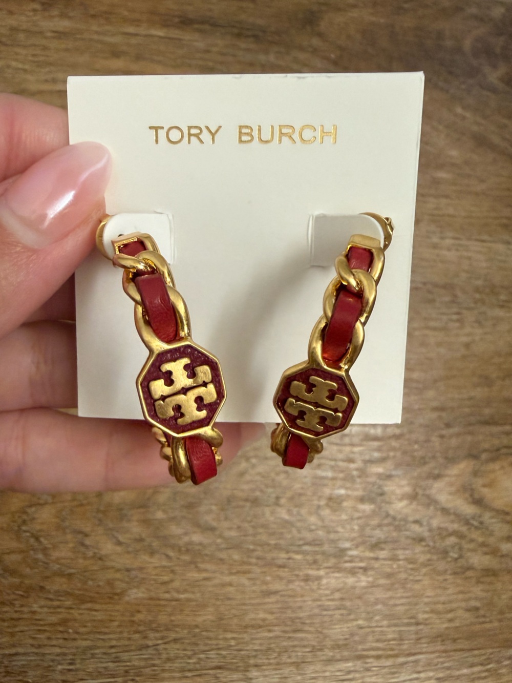 Tory Burch Gold-Tone Hoop Earrings with Red Leather Trim